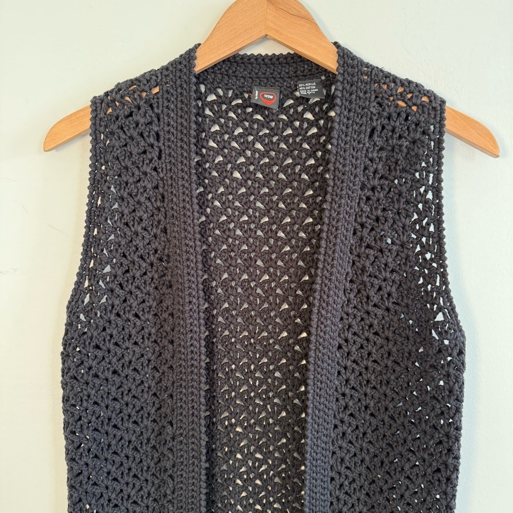 Black Long Sleeveless Crochet Vest, Size S